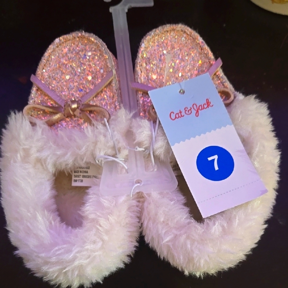 Toddler Size 7 Girls Cat & Jack Light  Pink Glitter Slippers